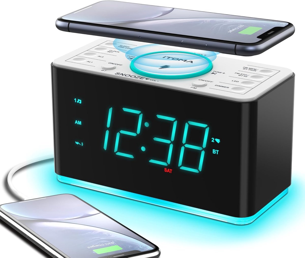 Thijox - Wekkerradio met 15W Draadloze Telefoonoplader, Bluetooth, Dubbele Wekker, FM-Radio, 1,4" Scherm, Cyaan LED Nachtlampje, Snooze, Slaaptimer, I