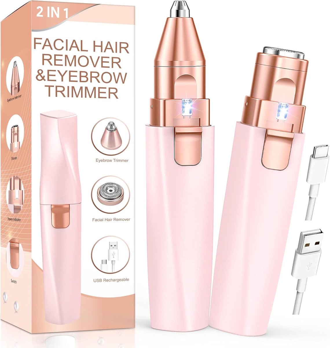 SnelShoppen - Eyebrow & Facial Hair Trimmer voor Vrouwen - 2-in-1 Oplaadbare Gezichts- en Wenkbrauwschaaf - Pijnloze Scheerervaring met LED Verlichtin