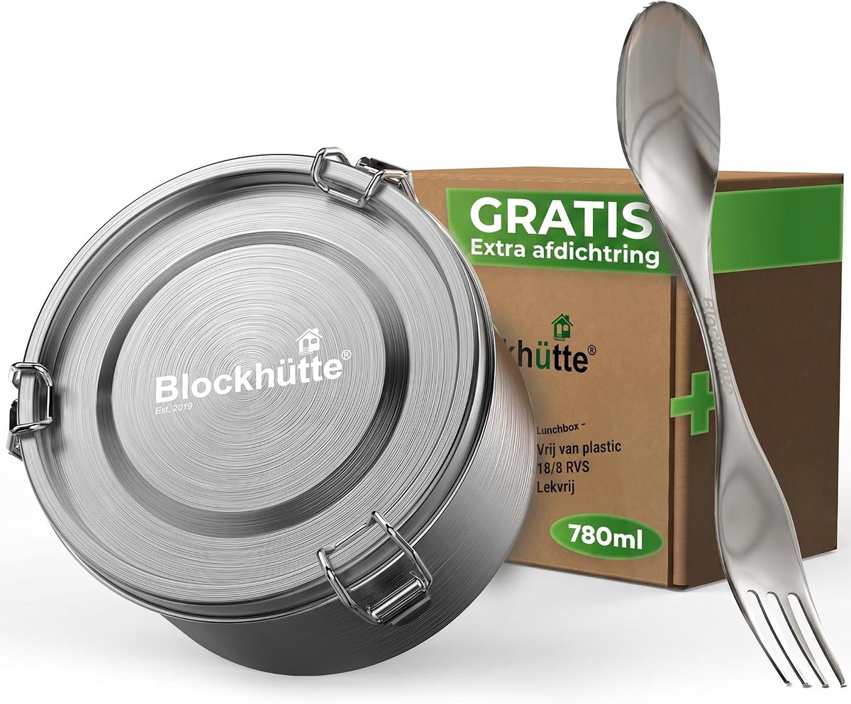 SnelShoppen - Blockhütte Premium Broodtrommel voor Kinderen, Rond, 780 ml, Roestvrijstalen Lunchbox met Lepel en 2 Afdichtingssets, Lekvrij, Vaatwasma