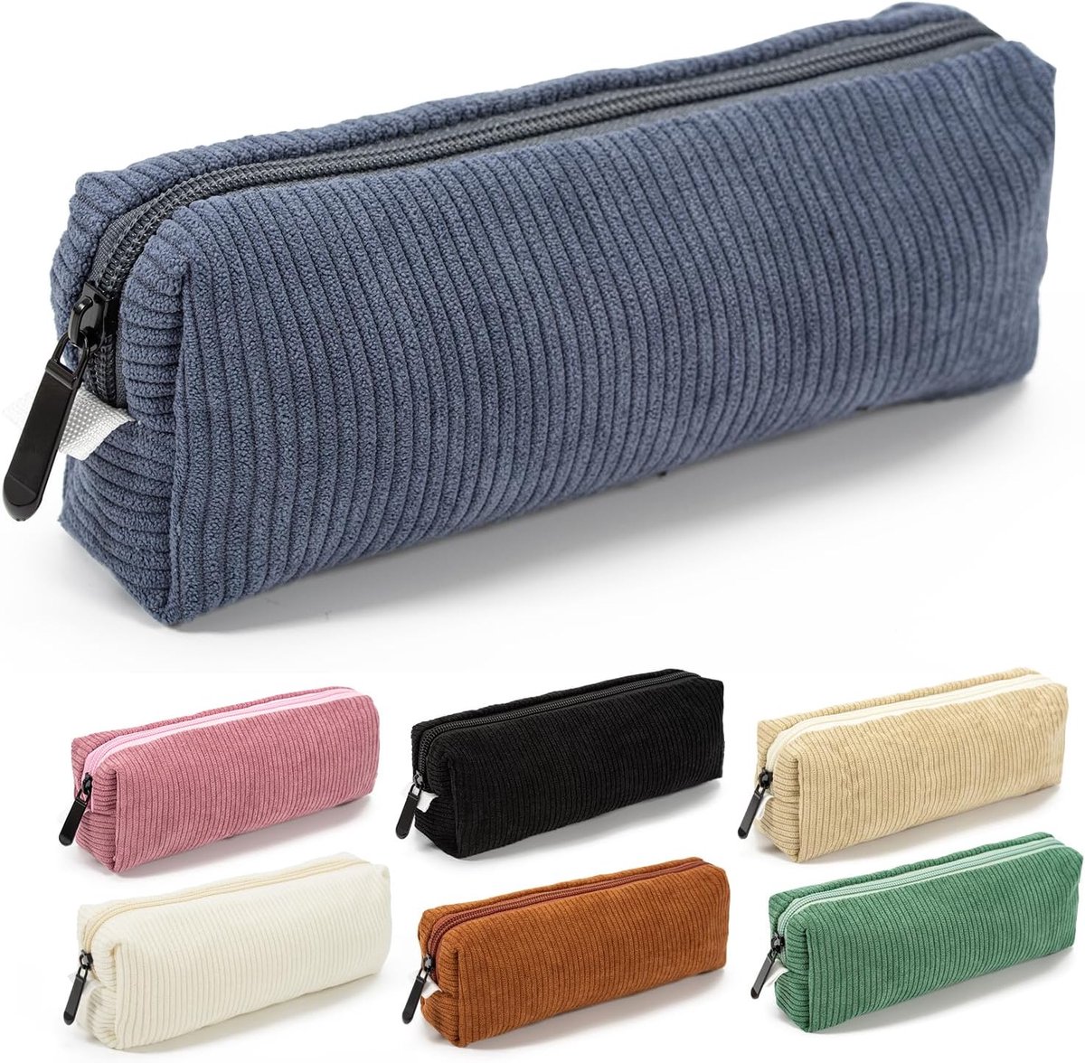 SnelShoppen - Ruime Corduroy Etui voor Potloden, Pennen en Schrijfwaren - Blauw - 22x10x7 cm - Ideaal voor School, Universiteit, Kantoor en Thuisgebru