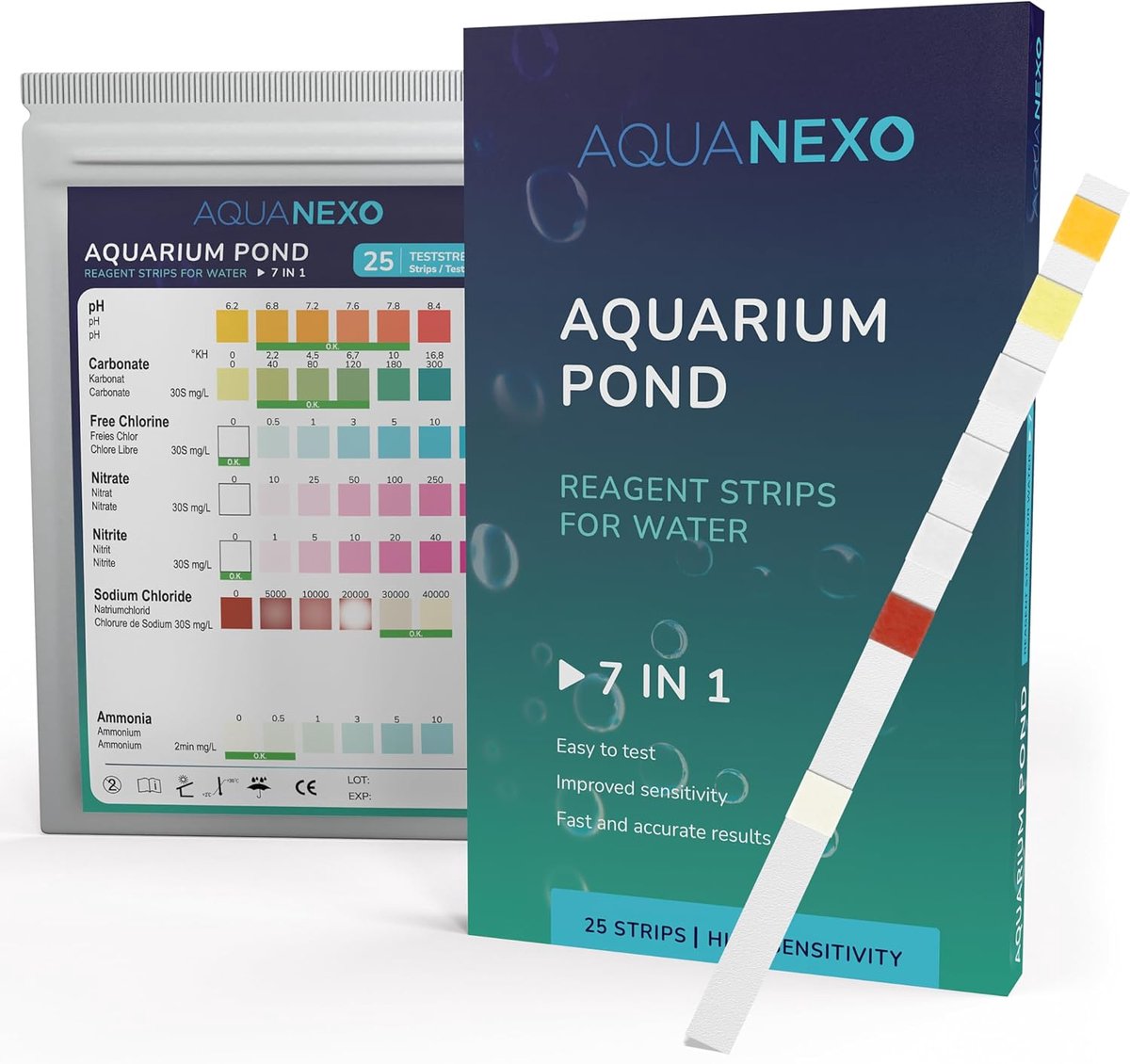 SnelShoppen - 25x Aquarium Water Test 7-in-1 Test Strips voor pH, Carbonate, Chlorine, Ammonium, Nitraat, Nitriet - Betrouwbare Wateranalyse voor Aqua