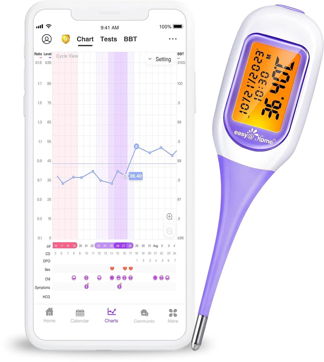 SnelShoppen - Smart Basal Thermometer met Grote Scherm en Achtergrondverlichting, Premom APP Compatibel voor Zwangerschapsplanning, Paarse Kleur, Auto