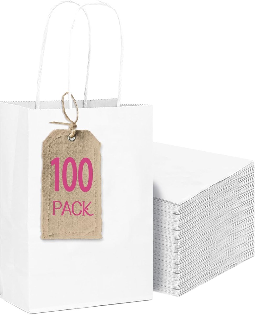 SnelShoppen - 100 Mini Cadeauzakjes Wit met Handvatten - 12x6x15 cm - Robuust Kraftpapier - Perfect voor Feestjes, Verjaardagen, Cadeaus en Decoratie