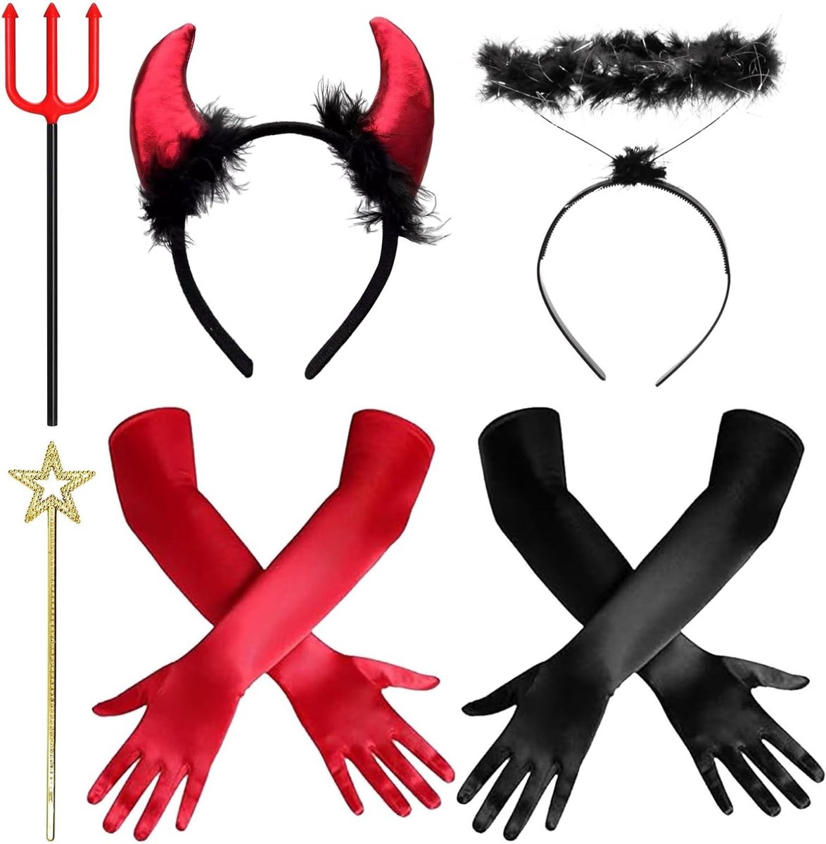 Vrouwelijk Carnaval Kostuum met Engel en Duivel Hoorns, Trident, Halo, Toverstok en Lange Handschoenen voor Feestelijke Gelegenheden