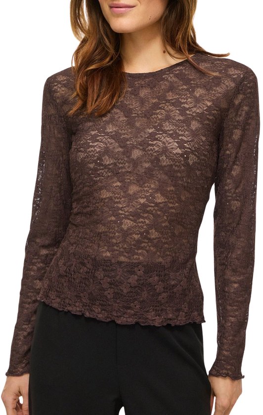 Bruine kanten top met lange mouwen, getailleerd model en geschulpte randen.