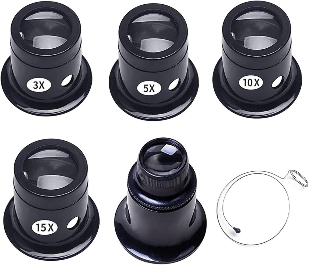 SnelShoppen - 5 Delige Vergrootglas Set voor Horlogemakers en Juweliers - 3x/5x/10x/15x/20x Loupes met Stalen Ring - Professionele Reparatietools voor