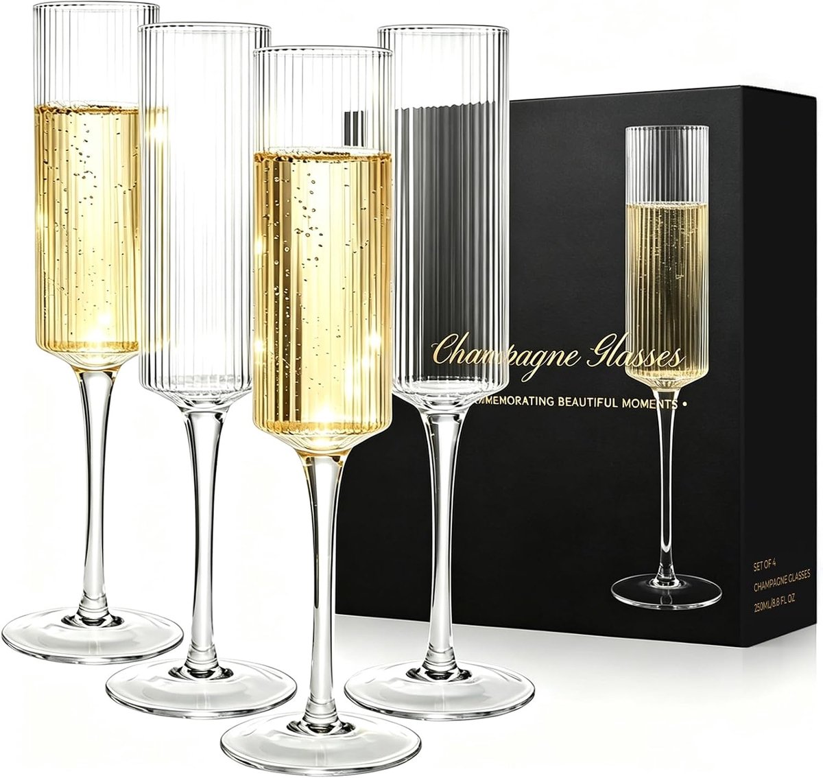 SnelShoppen - Champagne Flutes Set van 4 - 250ml 8.5oz Kristallen Prosecco Glazen met Verticale Strepen - Elegant voor Bruiloft, Verjaardag en Feestje