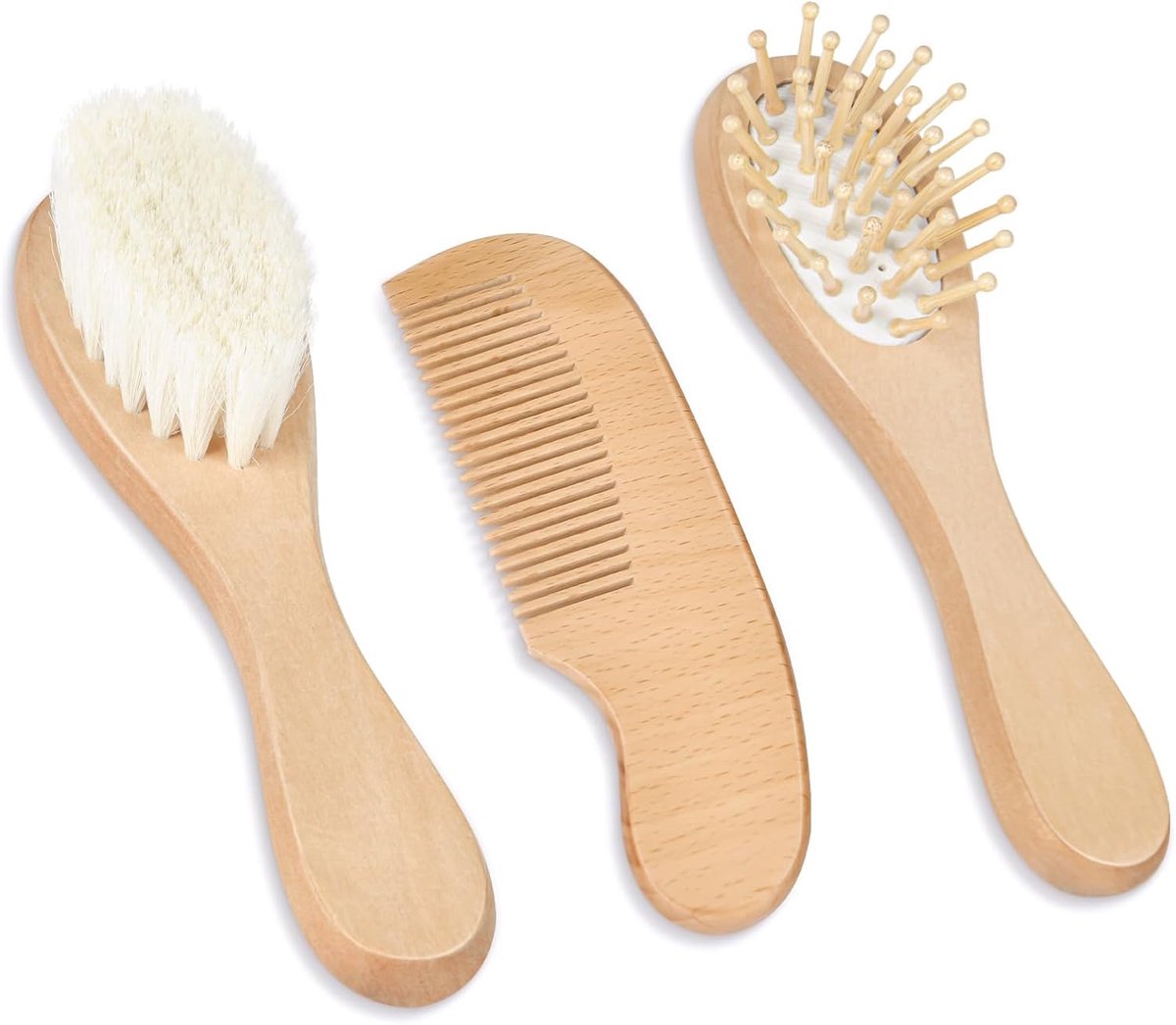 SnelShoppen - 3-delige Baby Haarborstel Set met Houten Handvat, Milieuvriendelijke Baby Haarborstel voor Gezonde Hoofdhuid, Voorkomt Cradle Cap, Perfe