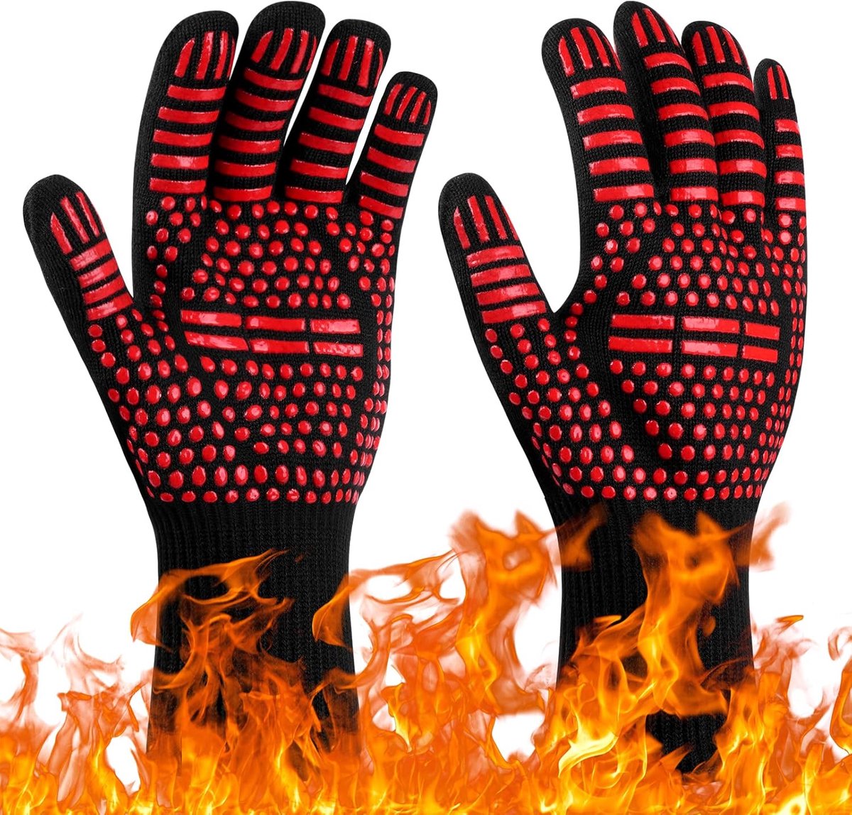SnelShoppen - Grill Handschoenen - Hittebestendig Oven Handschoenen tot 800°C - Vuurvaste Barbecue Gloves - Handbescherming - Rood - Voor Grillen, Kok