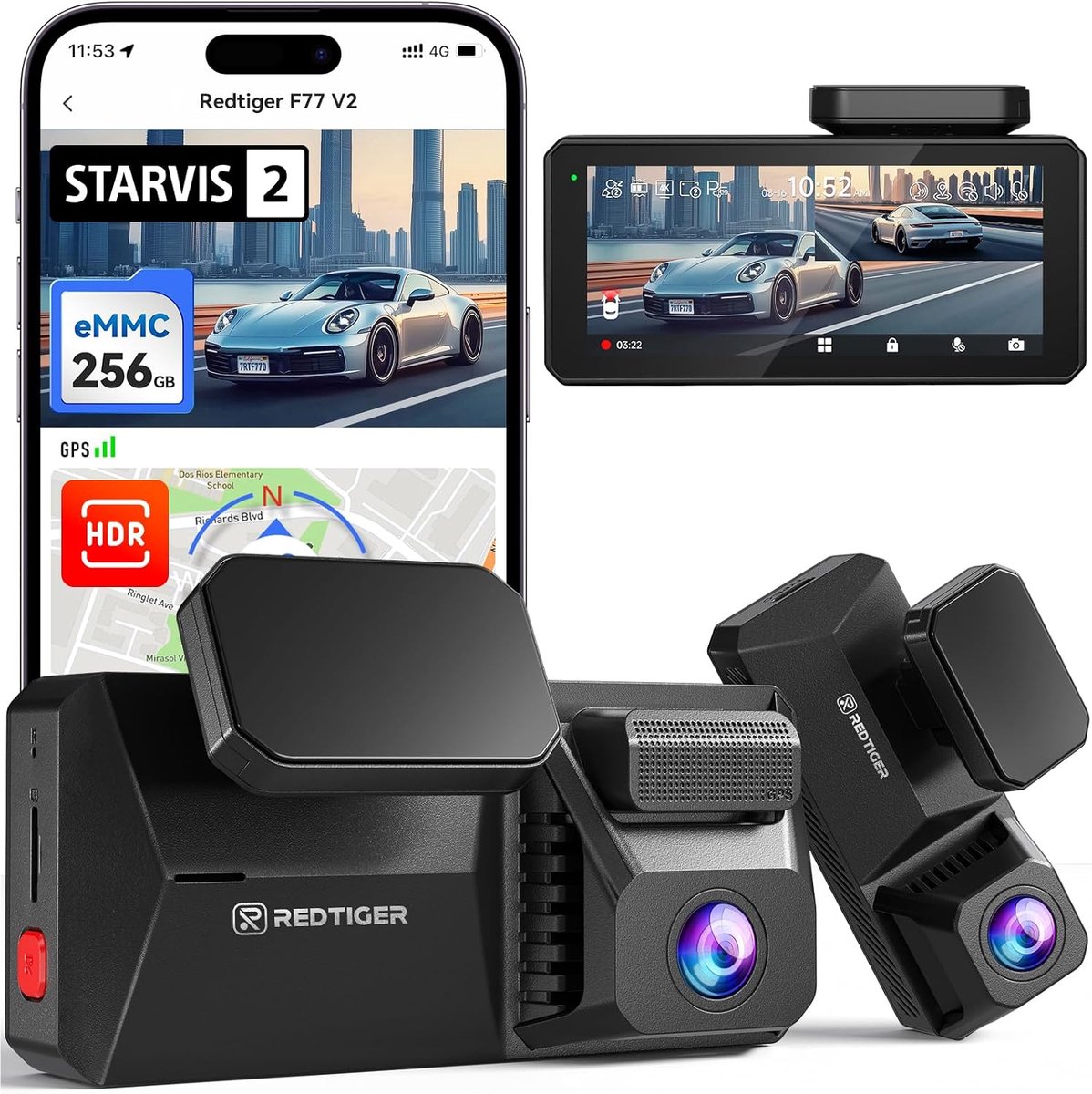 SnelShoppen - 4K Dashcam met Dual HDR, 256GB eMMC, Voice Control, GPS, Nachtsicht en 4 Inch Touchscreen voor Auto