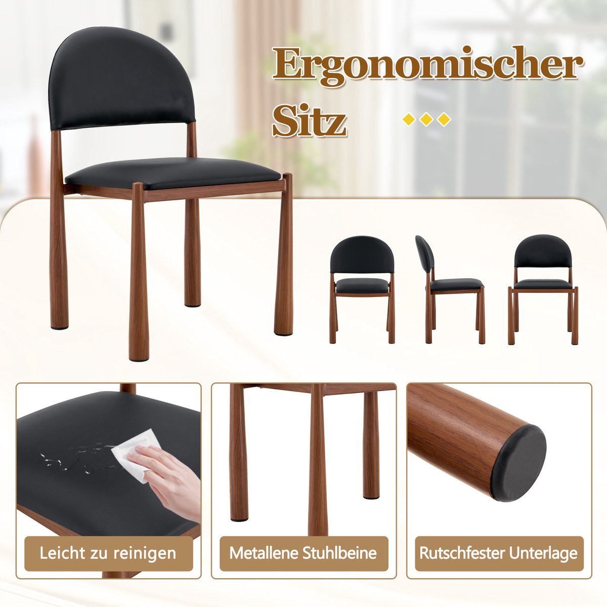 Moderne Eetkamerstoelen Set van 2 - Halfronde Gevoerde Rugleuning - Comfortabele Keukenstoelen Voor Eetkamer En Keuken - PU Leer - Zwart