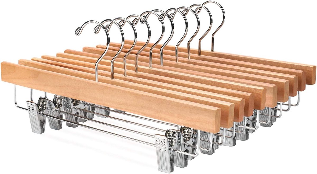 SnelShoppen - Set van 10 Houten Broekhangers voor Broeken en Rokken - Antiroest Haak - Non-slip Klemmen - Natuurlijke Lotus Hanger voor Kleding - Perf