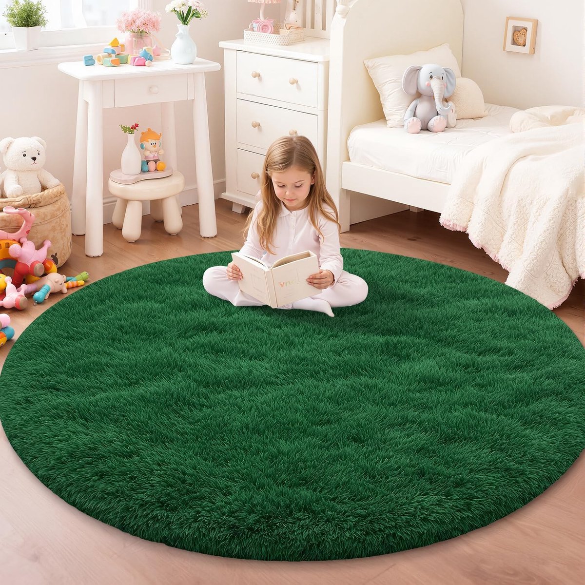 SnelShoppen - Rond Vloerkleed voor Kinderkamer, Woonkamer en Speelkamer, Fluffy Wasbaar Antislip Modern Tapijt, Donkergroen, 100cm