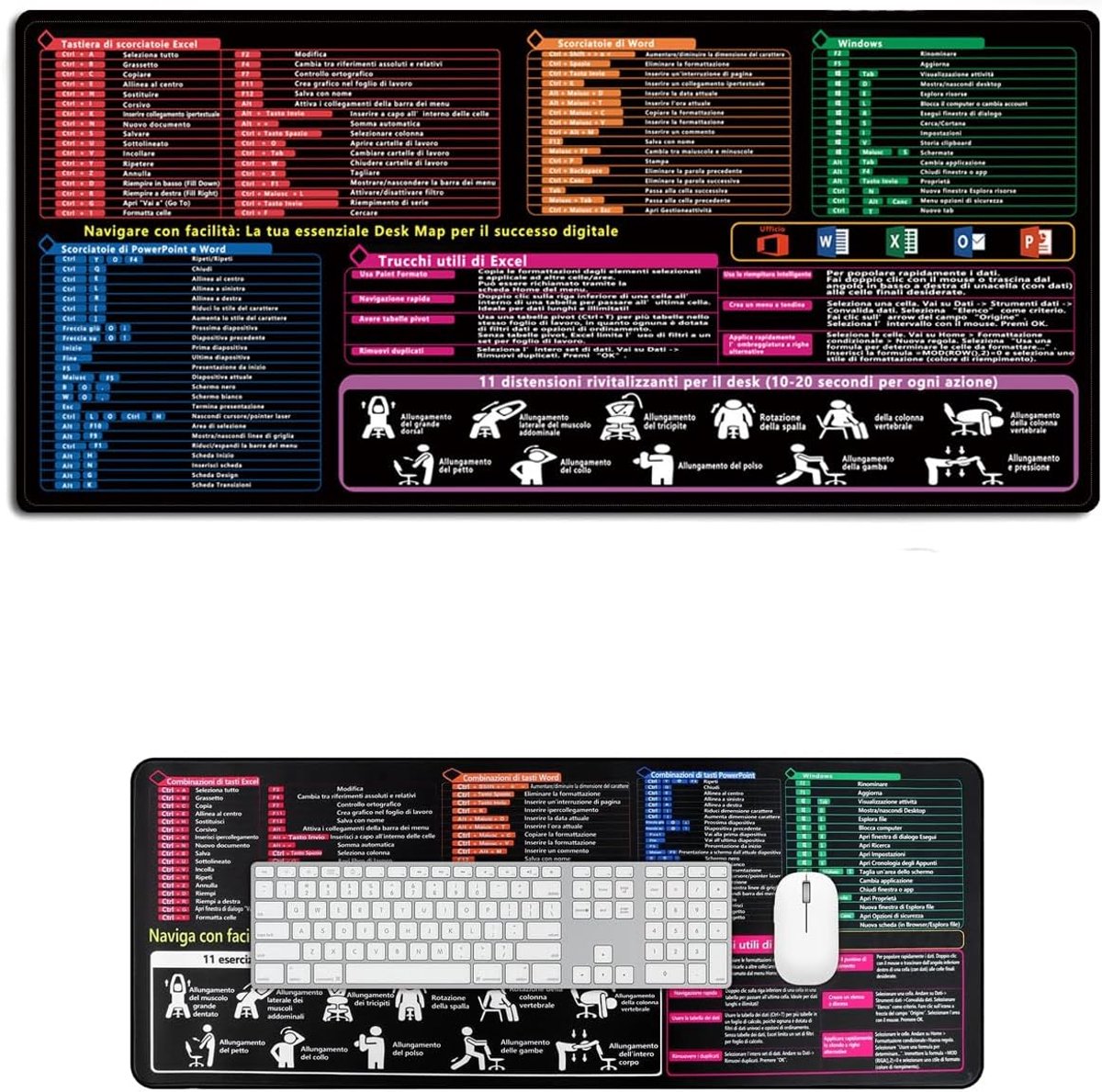 SnelShoppen - XL Muismat 30 x 80 cm met Italiaanse Sneltoetsen voor Excel, Word, Office - Antislip, Genaaide Randen - Productiviteit voor PC, Werk en