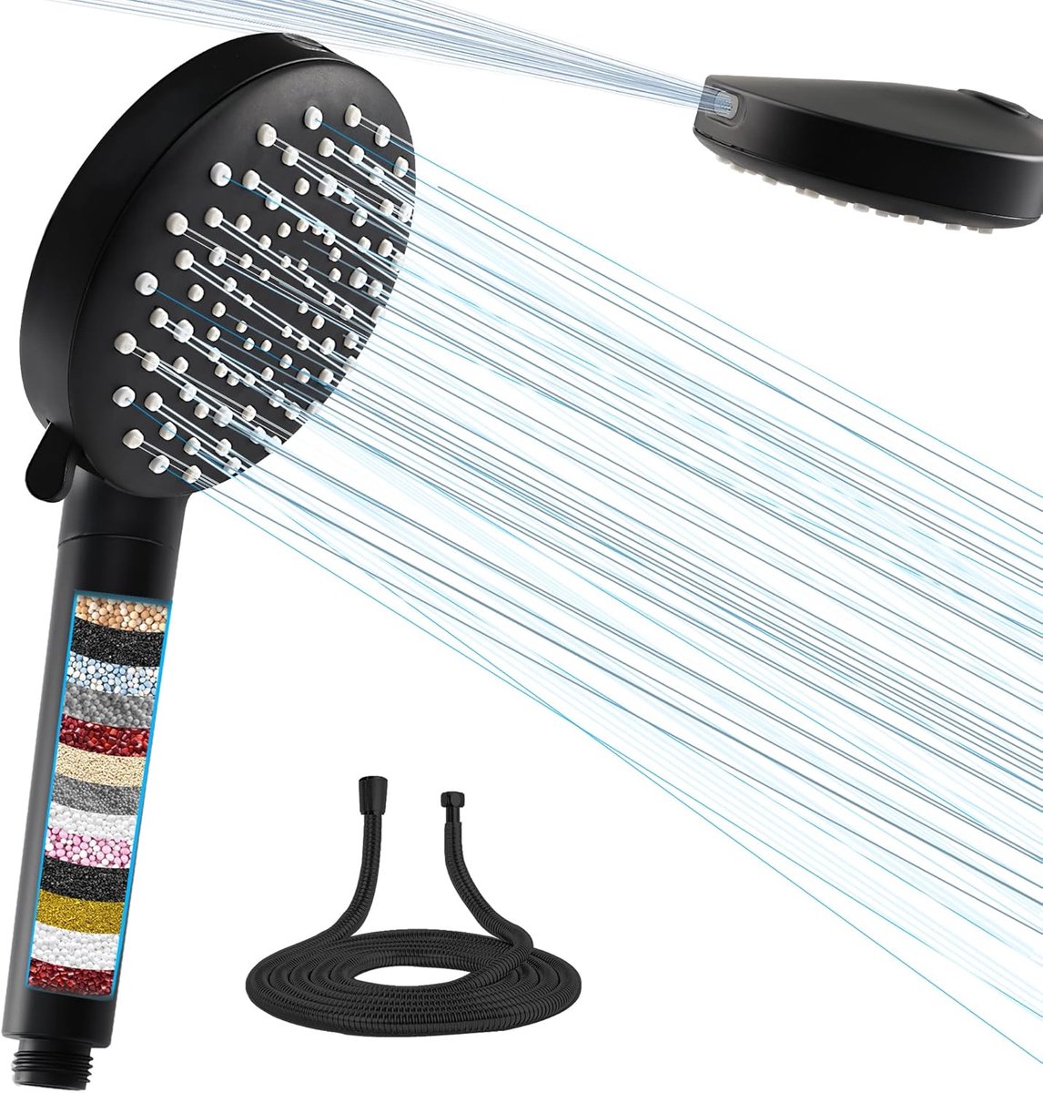 SnelShoppen - Douchekop met Filter 7 Jets - Waterbesparende Zwarte Handdouche met Slang - Ideaal voor Huid en Haarbescherming, Perfect voor Huisdieren