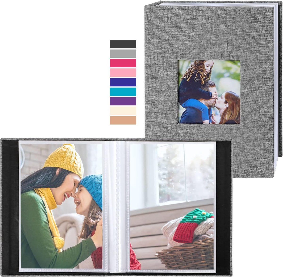 SnelShoppen - Mini Foto Album 10 x 15 cm - Set van 2 - 100 Compartimenten - Grijs Linnen - Voor Verticale Foto's - Perfect voor Herinneringen, Feesten