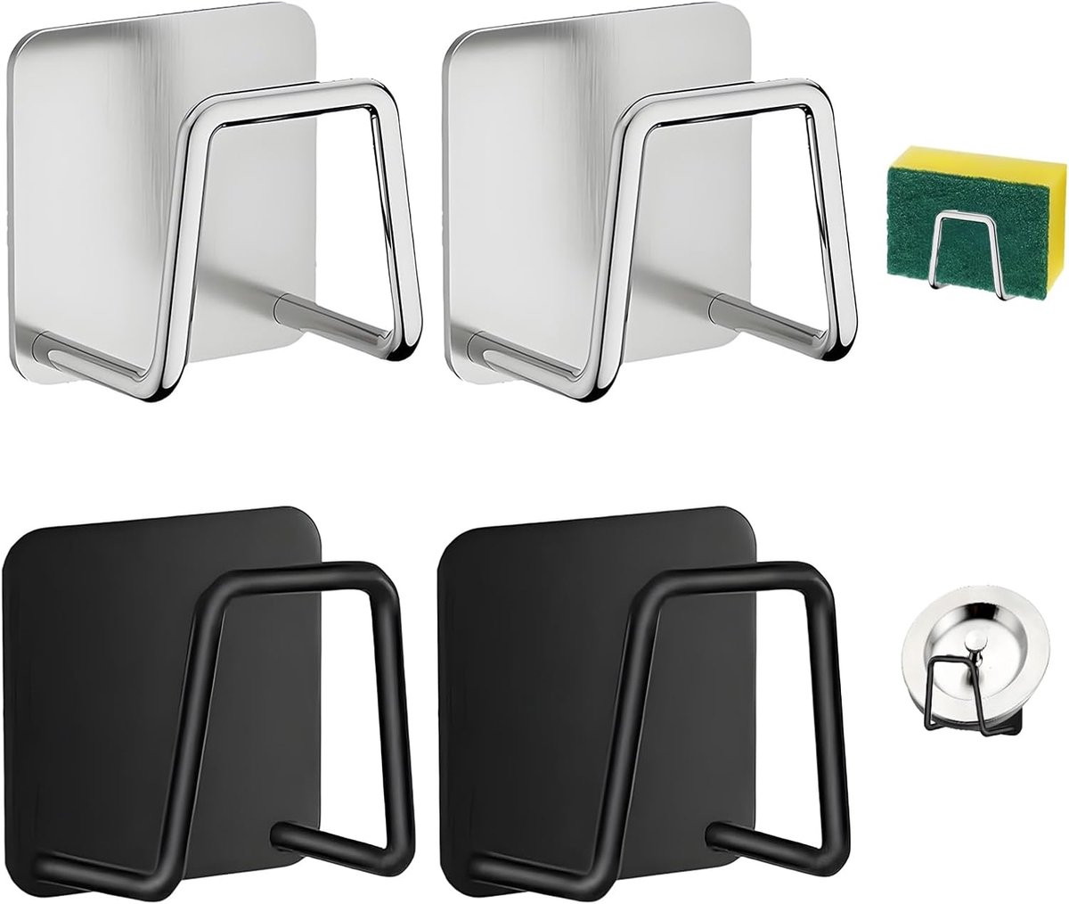 SnelShoppen - 4 Stuks Keuken Sponshouder RVS Zelfklevend Keuken Badezimmer Opberghouder Zwart Zilver - Organizer voor Spons en Keukenaccessoires