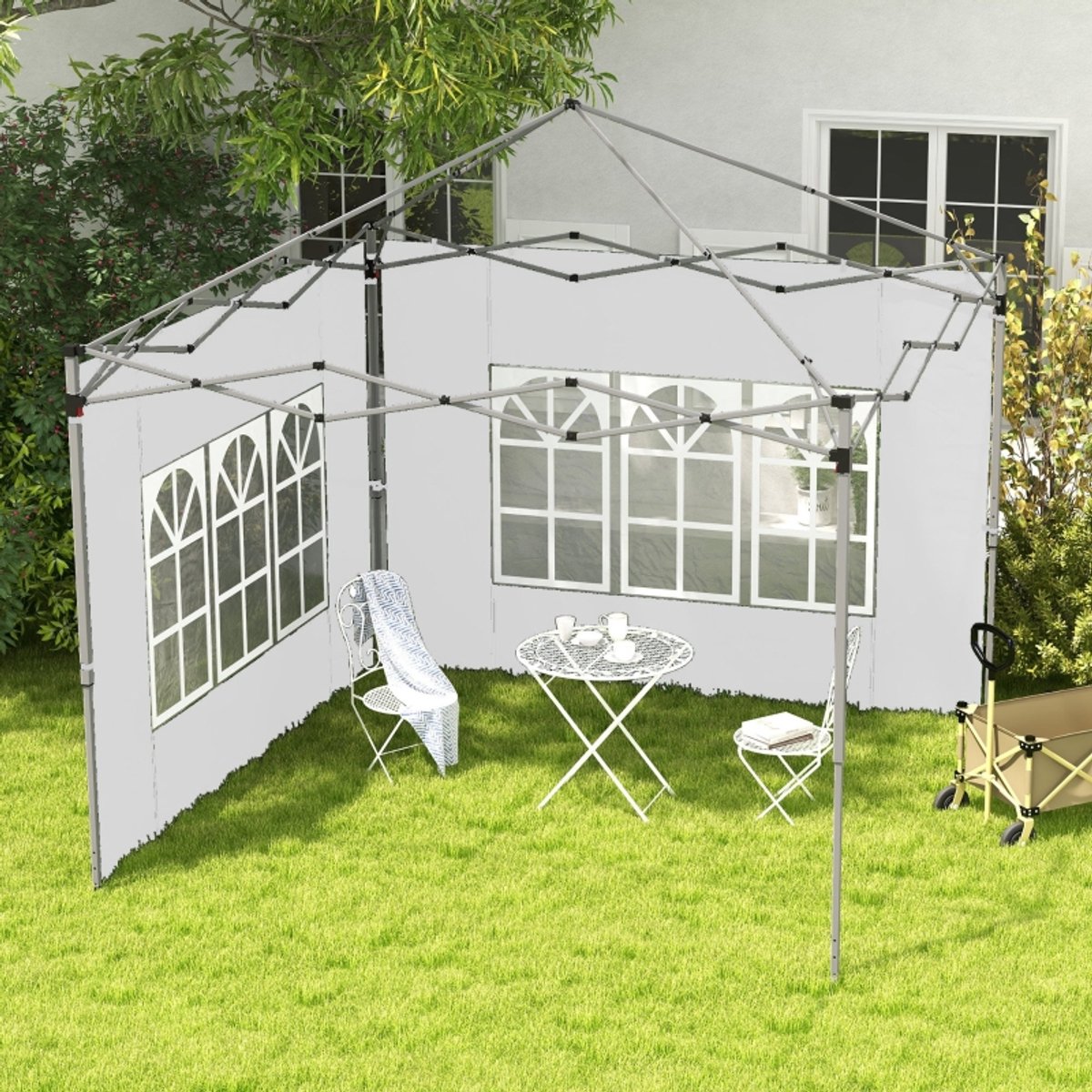 COVREO Paviljoen zijwand 295 x 195 cm - 2-delige set met raam, wit, voor 3x3 en 3x4 m