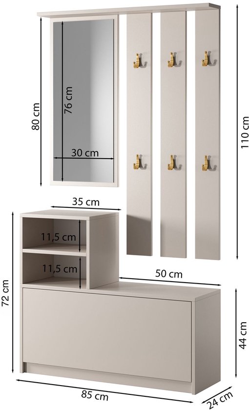 Halmeubel in kasjmiergrijs met schoenenkast, spiegel, en een paneel met 6 kapstokken. Afmetingen in cm.