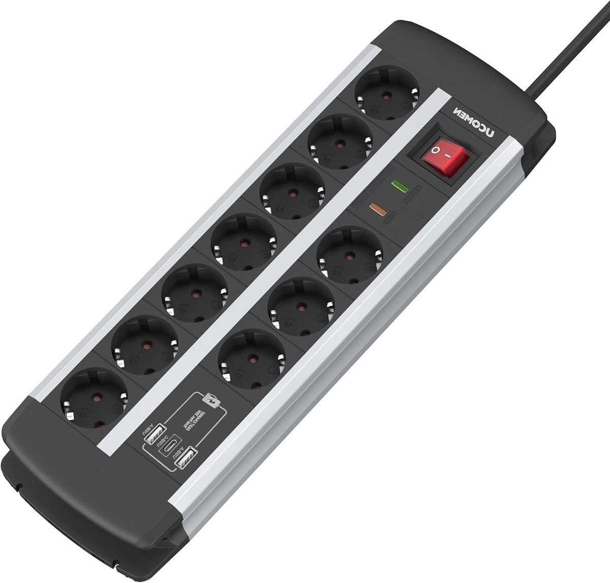 Krachtige 10-voudige Stekkerdoos met USB-C 20W en Overspanningsbeveiliging voor Gaming, Kantoor en Thuisgebruik, 1.5m Kabel, TÜV Goedkeuring, Muurbevestiging, 16A/3680W