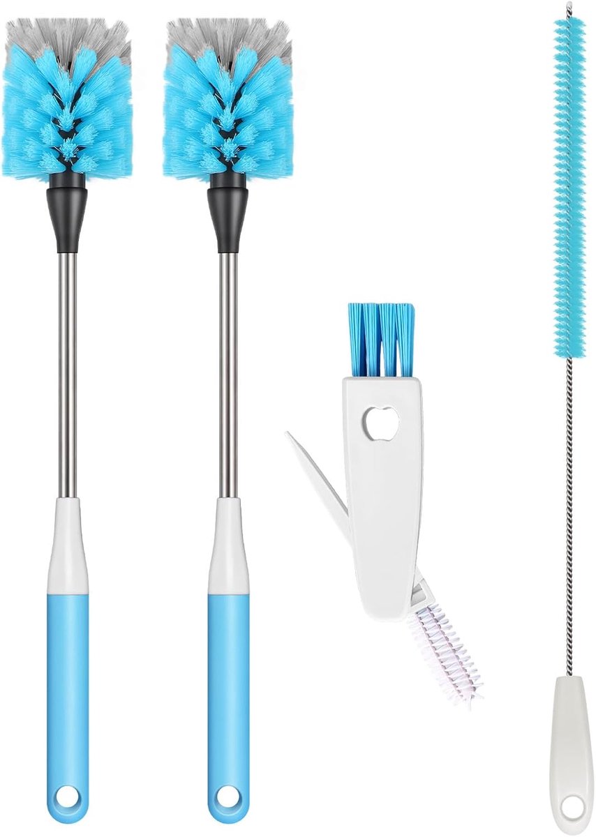 SnelShoppen - 4-delige flesborstel set 38 cm - RVS keukenborstels inclusief rietjesreiniger en dekselborstel - Geschikt voor kettles, bekers, glazen,