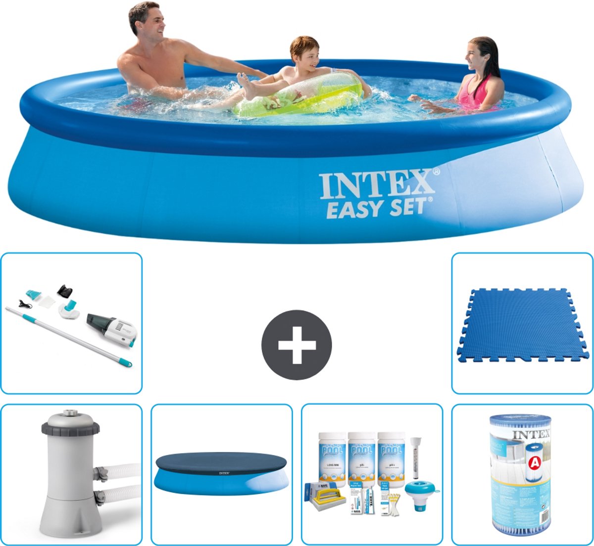 Intex Rond Opblaasbaar Easy Set Zwembad - 366 x 76 cm - Blauw - Inclusief Pomp - Afdekzeil - Onderhoudspakket - Filter - Stofzuiger - Vloertegels - 7-delig