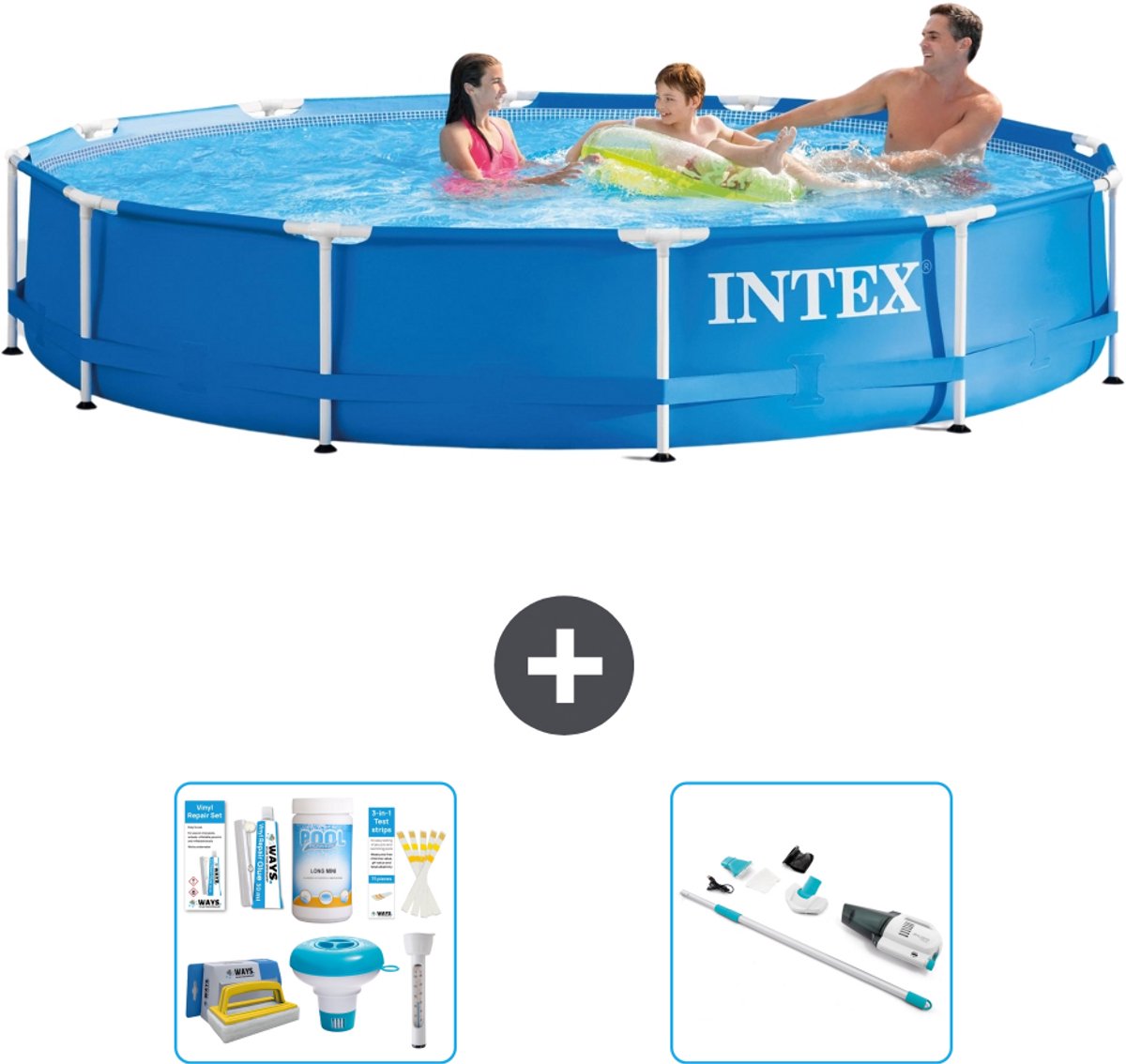 Intex Rond Frame Zwembad - 366 x 76 cm - Blauw - Inclusief Onderhoudspakket - Stofzuiger - 3-delig