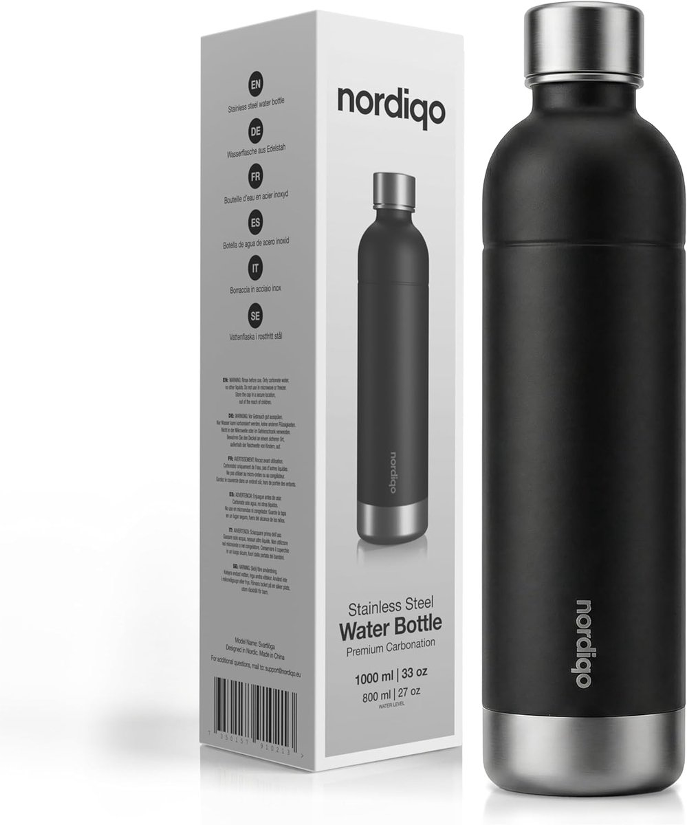 SnelShoppen - Premium RVS Fles 1L / 1000ml | Geschikt voor Aarke Carbonator 3, Soda Stream (niet voor Crystal + Jet modellen) | Vaatwasserbestendig |