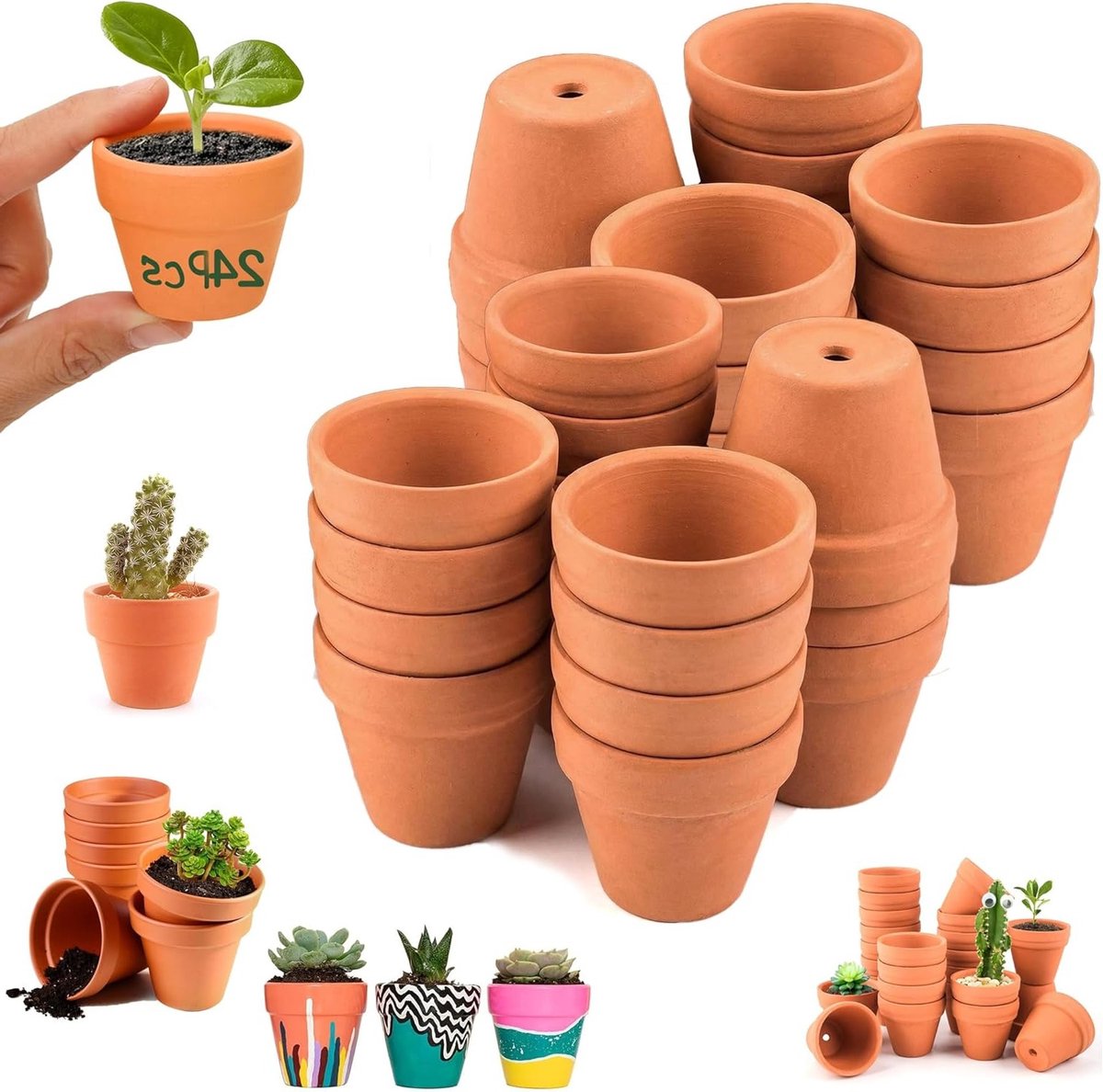 Set van 24 Terracotta Plantenpotjes van 3,5 x 3 cm, Ideaal voor Vetplanten, Bloemen en Decoratie met Afvoergat