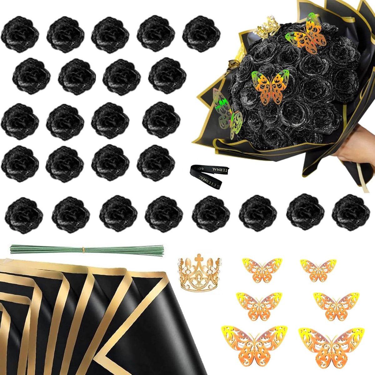SnelShoppen - Pack van 24 Kunstmatige Rozen Glitter Rozen Boeket met Kroon voor Bruiloft, Verjaardagen, Verlovingen, Zwart, Zelfbouw, Decoratie