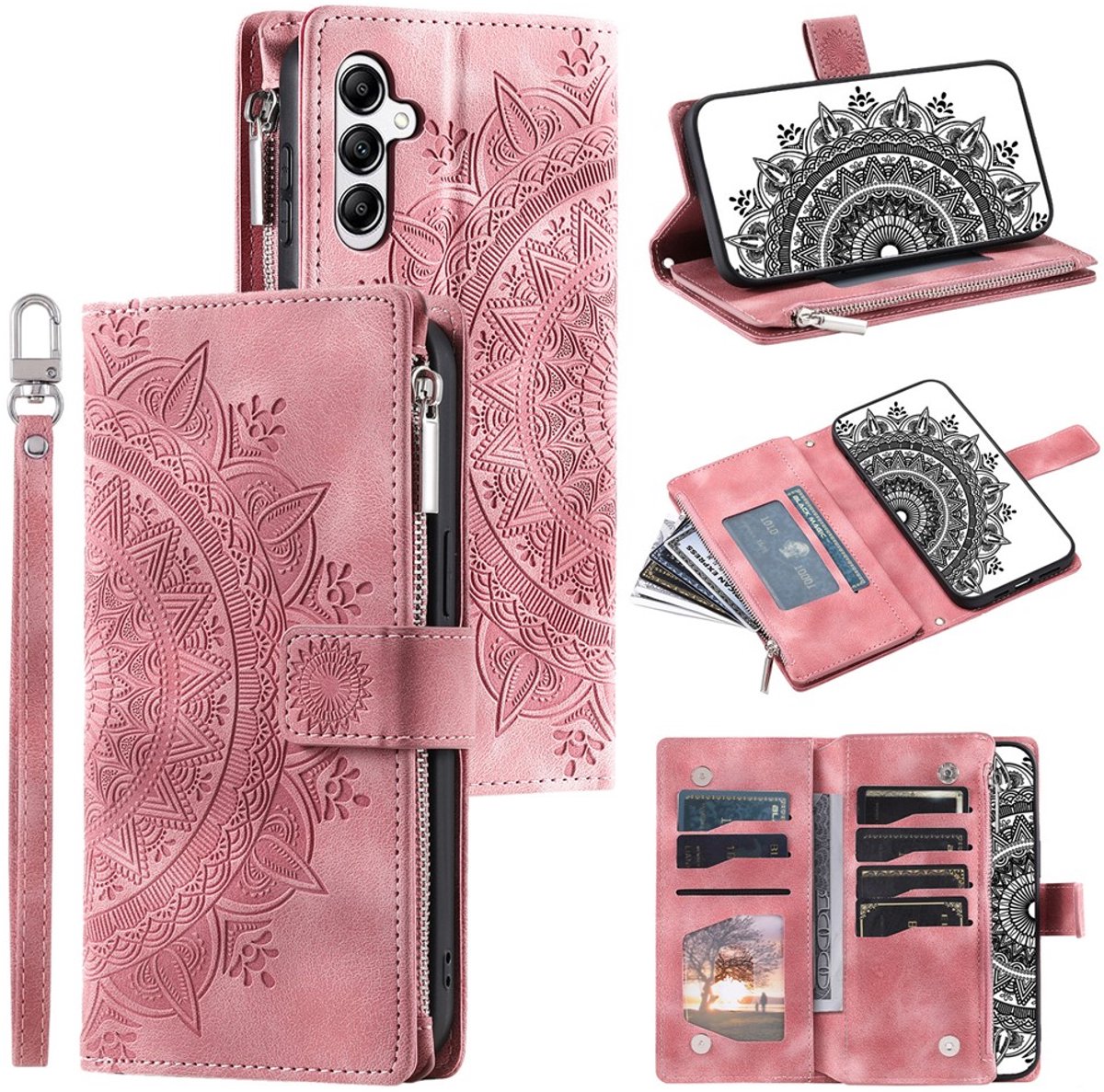 Telefoonhoesje geschikt voor Samsung Galaxy A27 5G - Portemonnee met rits - book-case hoesje - ruimte voor 8 pasjes - mandala roze