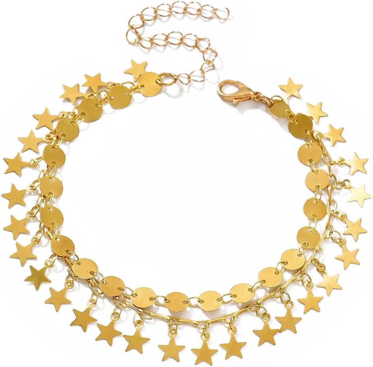 Dubbele Laag Enkelband met Ster en Kwastje, Gouden Plated Metalen Schakel voor Zomer Strandfeesten en Modeaccessoires