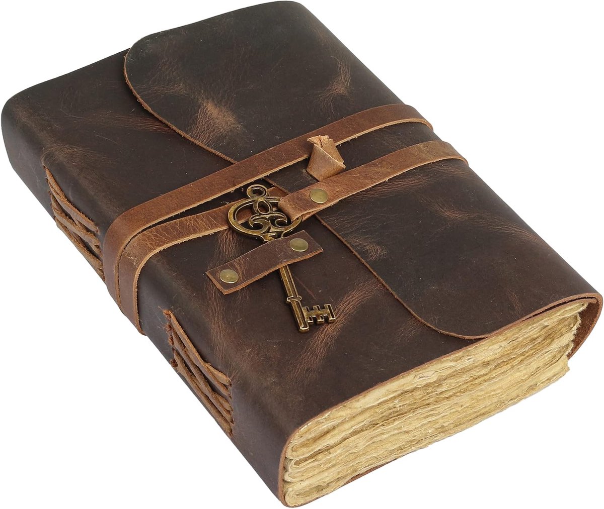 SnelShoppen - Lederen Notitieboek met Gelinieerd Deckle Edge Papier 8x6 inch en Vintage Sleutel/Handgemaakt Dagboek voor Mannen en Vrouwen, Medium Sch