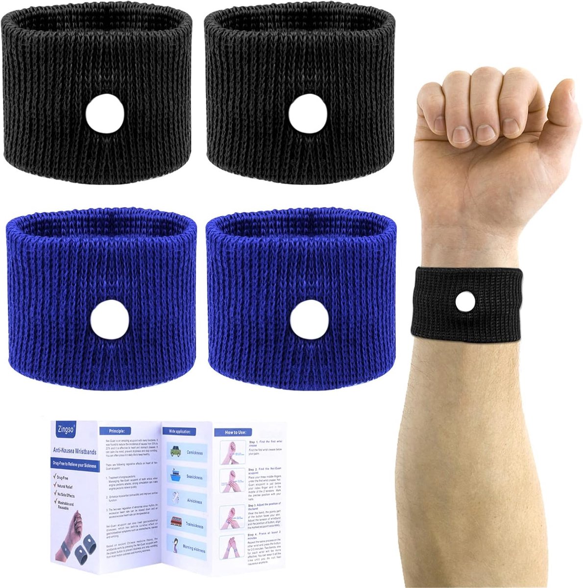 SnelShoppen - Wide Wrists Sea Bands voor Volwassenen - 2 Paar Grote Maat Motion Sickness Straps - Anti-Nausea Polsbanden voor Auto, Boot en Vliegtuig