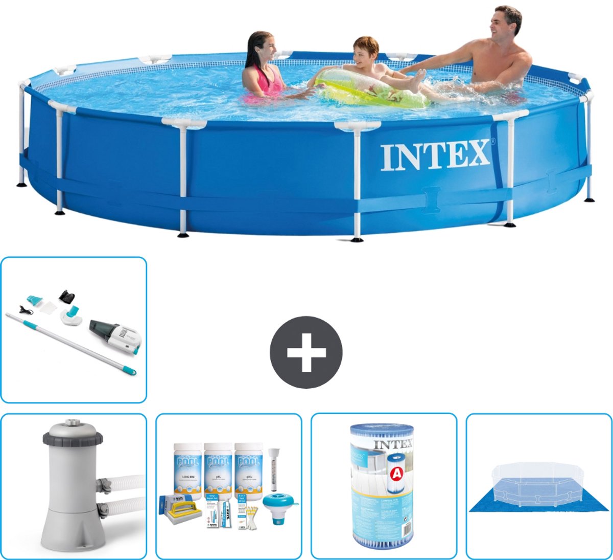 Intex Rond Frame Zwembad - 366 x 76 cm - Blauw - Inclusief Pomp - Onderhoudspakket - Filter - Grondzeil - Stofzuiger - 6-delig