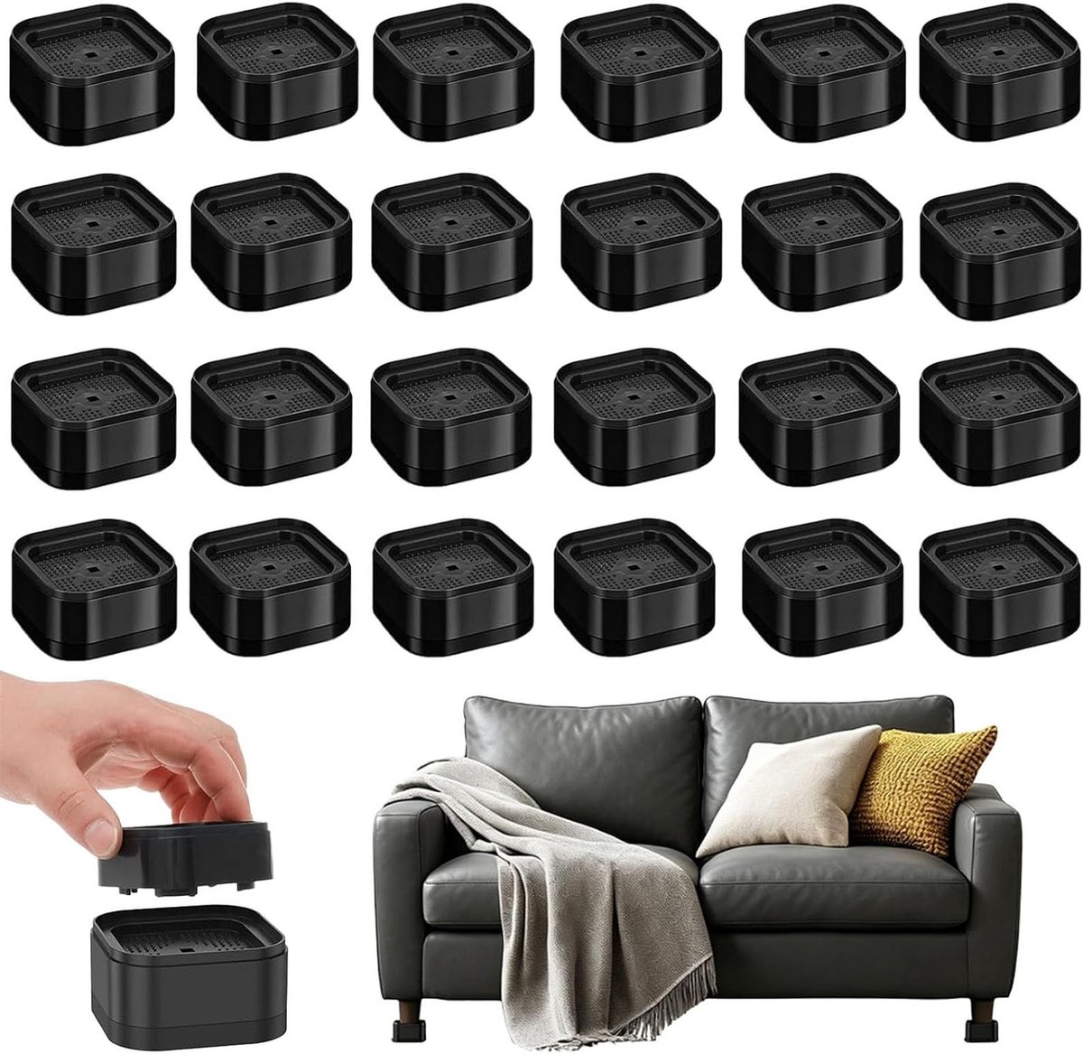 Stapelbare en verstelbare meubelverhogingen, 24 stuks, universele verhogingen voor meubels, zwart, 7 x 7 x 3,5 cm, ideaal voor stoelen, bedden en tafels
