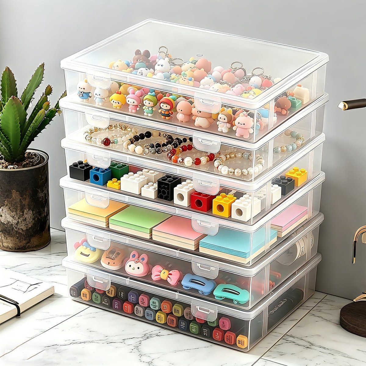 Multifunctionele Opbergdoos met Deksel, Stapelbaar en Vergrendelbaar, Geschikt voor A4 Papier, Set van 6 Stuks, 1250ml