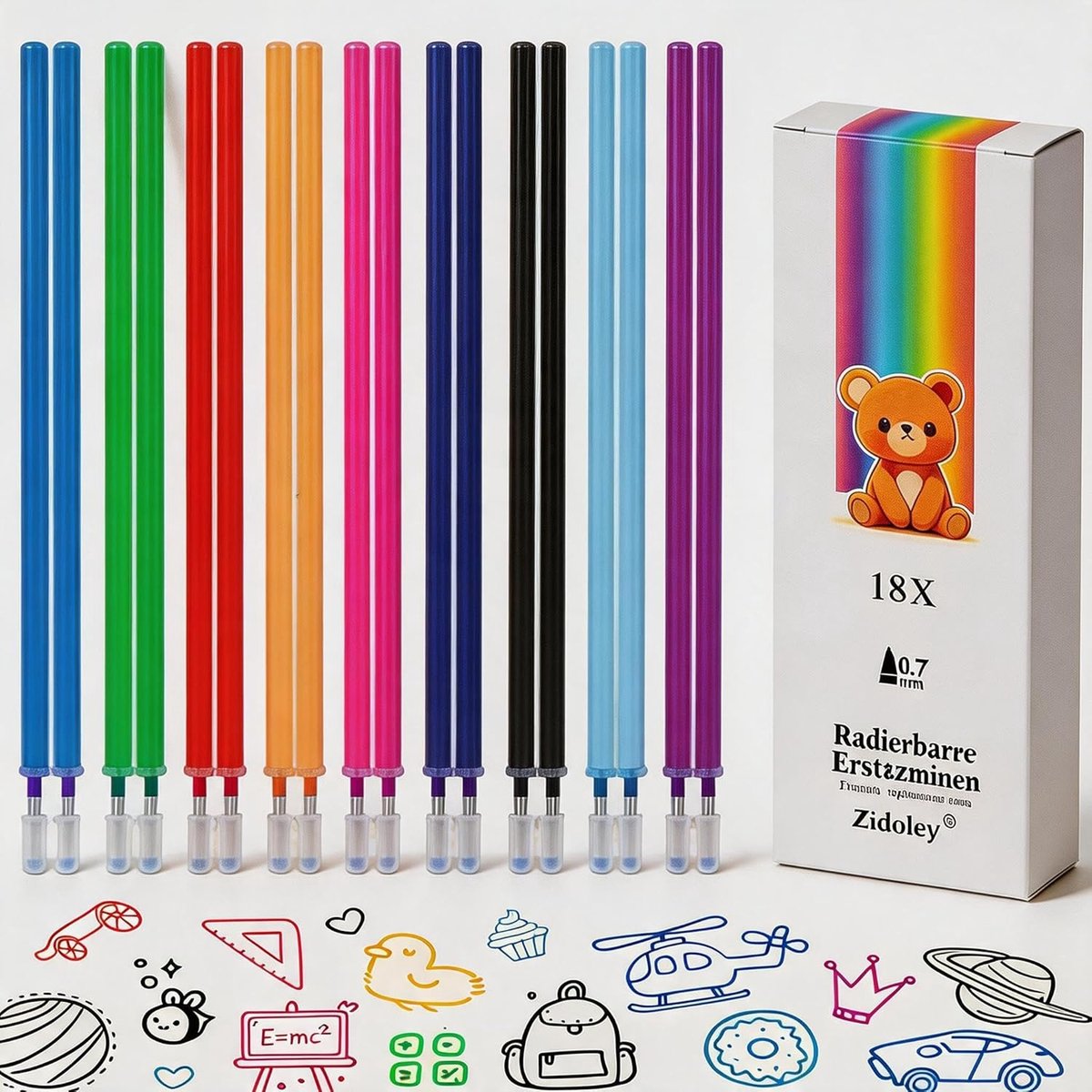 SnelShoppen - Pack van 18 Vullingen voor Vervangbare Pen, Erasable Ink Gel Pens, 0.7 mm Punt, 13 cm Hoog, 9 Kleuren, Ideaal voor School en Kantoor