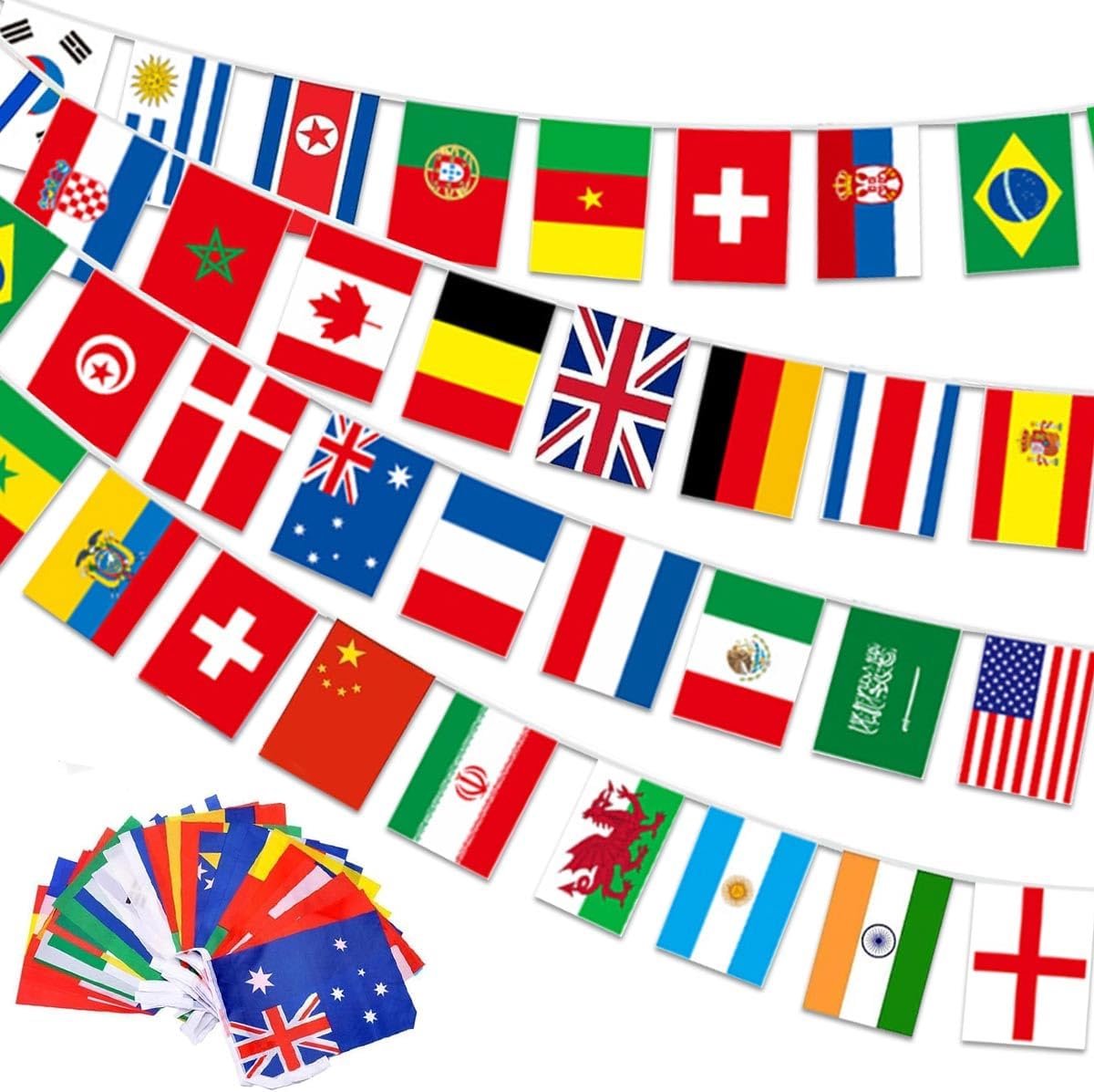 SnelShoppen - 30 m Bunting Garland met 100 Internationale Vlaggen - Flag Chain voor Feest, Bar, EM Decoratie, EU Landen, Tear-resistant Poly, Maat 14x