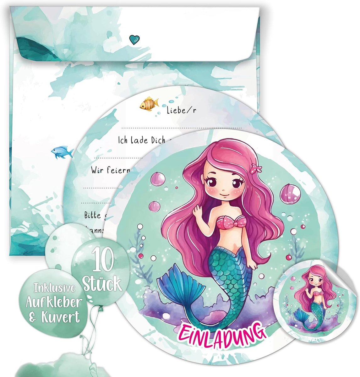 SnelShoppen - Mermaids Uitnodigingskaarten - 10 Stuks Ronde Kinder Verjaardag Uitnodigingen - 14,8 cm - Prachtige Zeemeermin Ontwerpen met Enveloppen