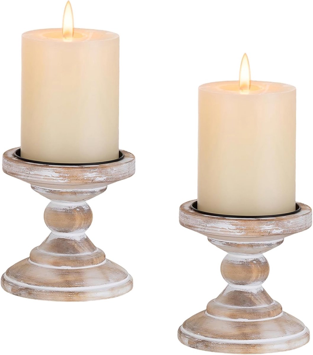 SnelShoppen - 2 Stuks Houten Kaarsenstandaard voor Pilaar Kaarsen - Witte Rustieke Decoratie - Versleten Houten Boerderij Stijl - Hoog voor Haard, Fee