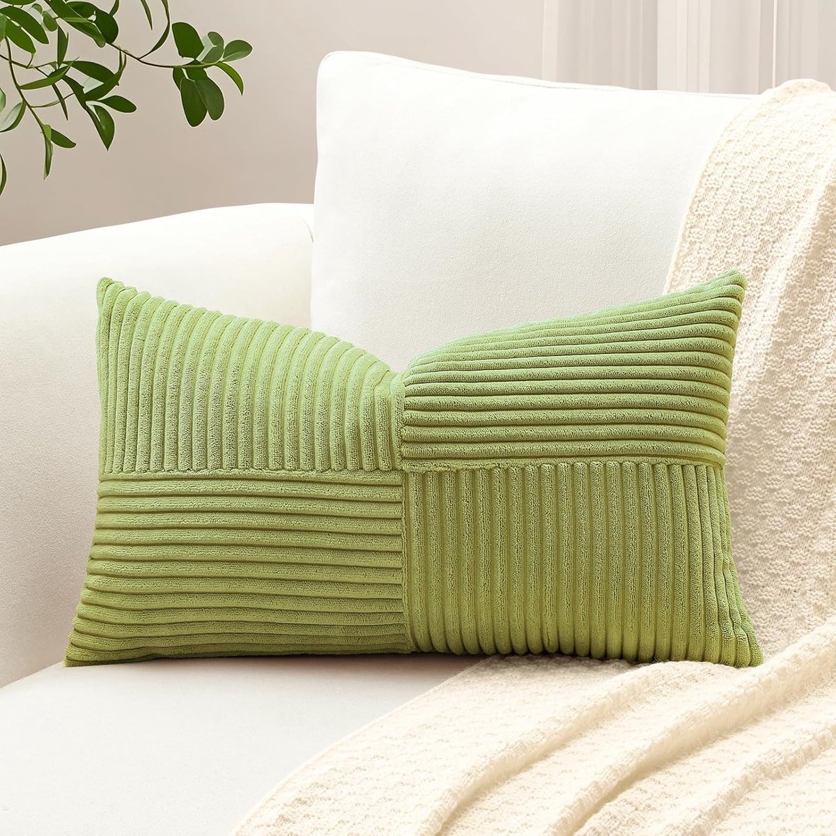 SnelShoppen - Decoratieve Kussenhoes 40x60cm - Zachte Corduroy Striped Kussensloop - Textured Lumbar Throw Pillow Cover - Groen voor Sofa, Bed, Patio