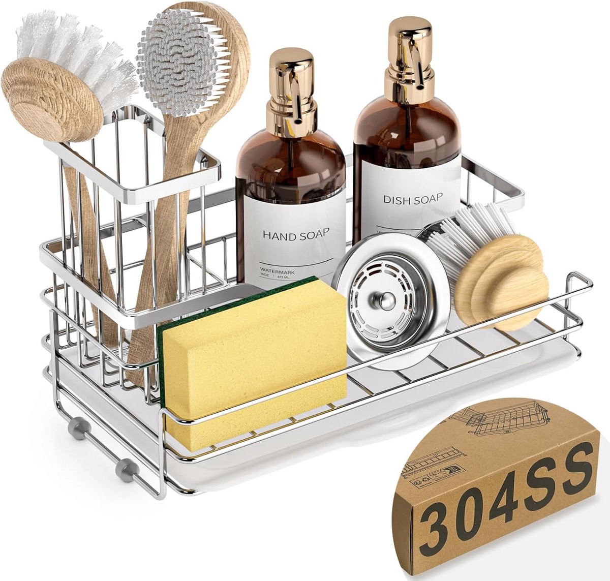 SnelShoppen - Sink Caddy Keuken Organizer - 304 RVS Sponshouder - Grote Capaciteit - Verwijderbare Borstelhouder - Drainer Tray - Antislip Rubber Basi