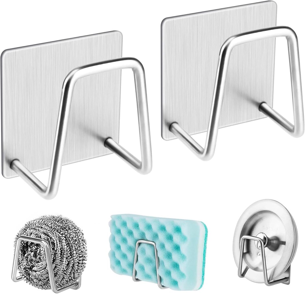 SnelShoppen - Set van 2 RVS Sponshouders voor Keuken en Badkamer, Zelfklevende Sponshouder Zonder Boren, Compacte Organisatie voor Keuken, 45mm, Zilve