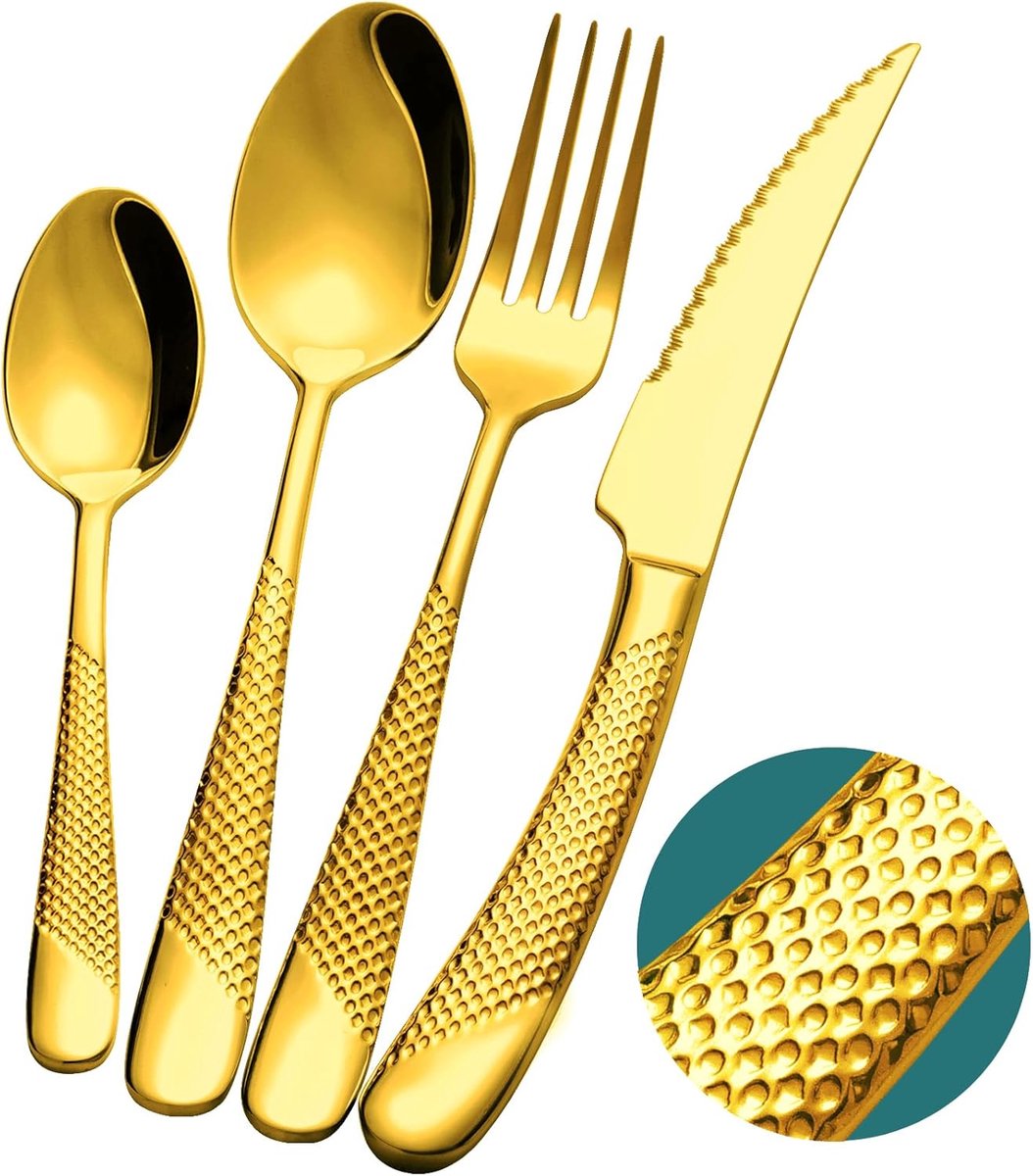 SnelShoppen - Gold 24-Delig Hammered Bestekset met Ultra-Scherpe 2-in-1 Getande Messen, Roestvrij Staal 18/10, 6 Persoons, Feest, Diner, Luxe Goud