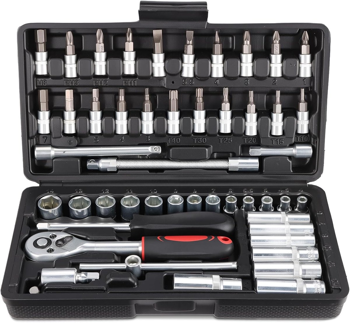 SnelShoppen - 53-delige Steeksleutelset met Ratelsleutel en Bits 1/4 Inch - Hoogwaardige Chrome Vanadium Staal, 72 Tanden, Duurzaam en Corrosiebestend