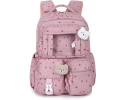 SnelShoppen - Schattige EVEOUT Corduroy Rugzak voor Meisjes met Aardbeienpatroon, Grote Capaciteit, Casual Reisrugzak, Meerdere Zakjes, Roze, Perfect