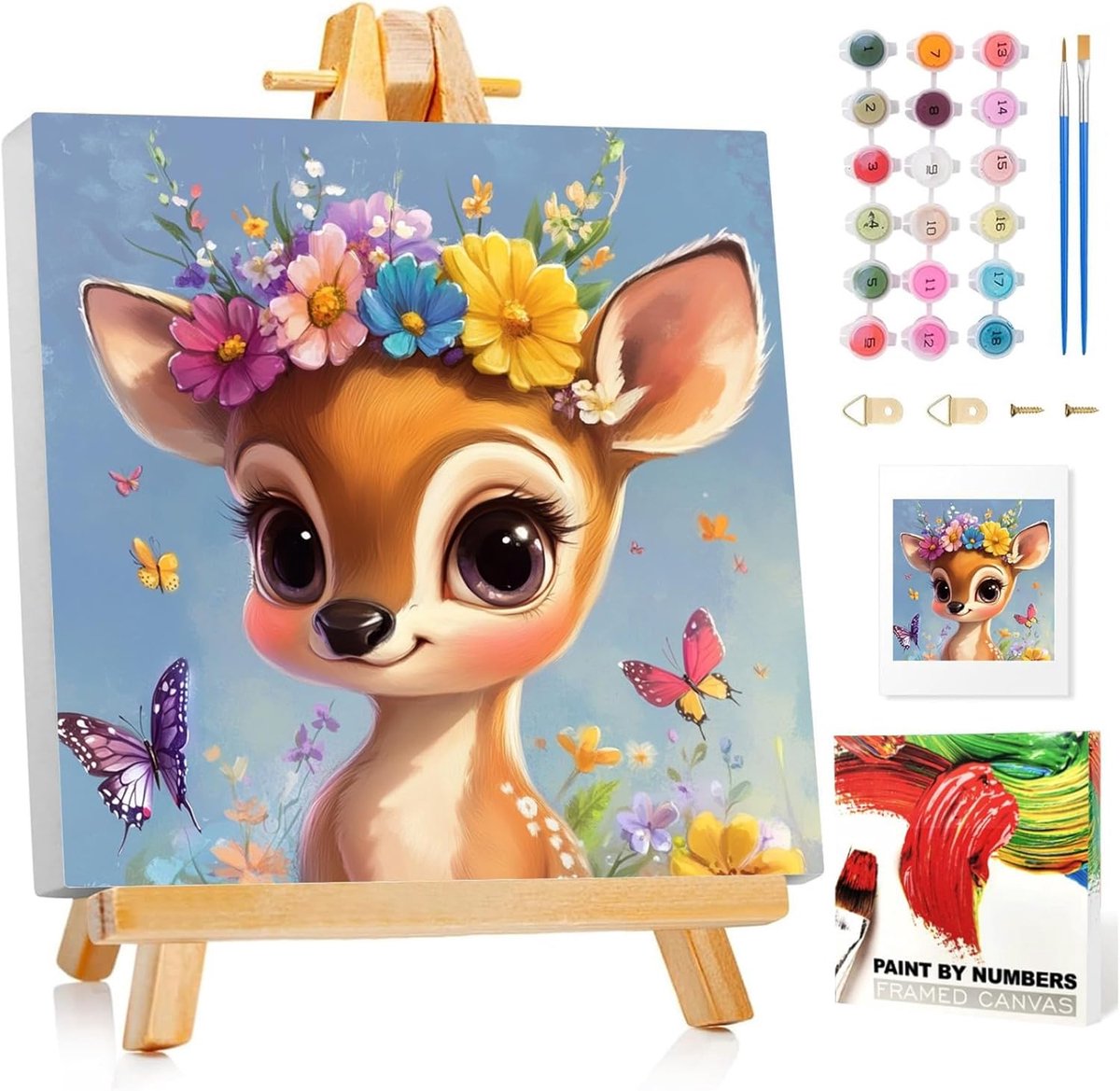 SnelShoppen - Schilderen op Nummer voor Kinderen met Lijst - Herten Schilderij voor 5-10 Jaar - Creatief Cadeau voor Meisjes en Jongens - 20x20 cm met
