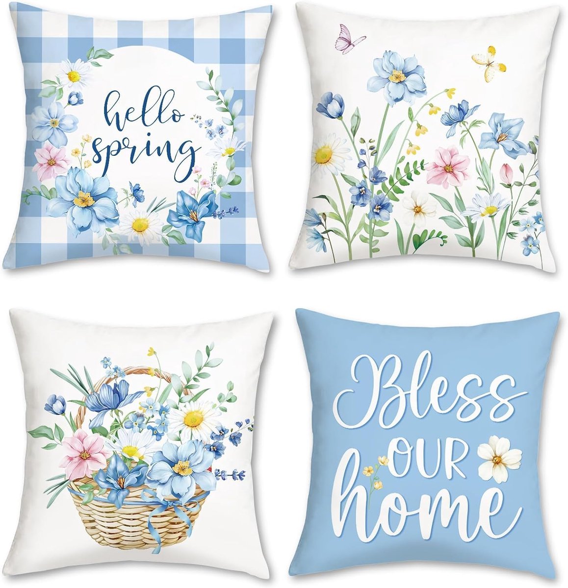 SnelShoppen - Set van 4 Decoratieve Kussenhoezen 45x45 cm met Blauwe Bloemen en Vlinders van Hoge Kwaliteit Linnen voor Sofa, Slaapkamer en Woonkamer