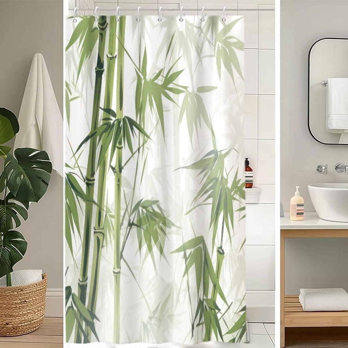 SnelShoppen - Douchegordijn 120 x 200 cm Antimould Waterdicht Polyester met Bamboe Groene Bladeren - Wasbaar en Sneldrogend voor Badkamer Spa Zen